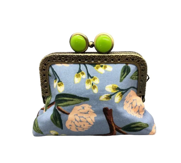 Peonies Dusty Blue & Lime Mini Clutch Coin Purse