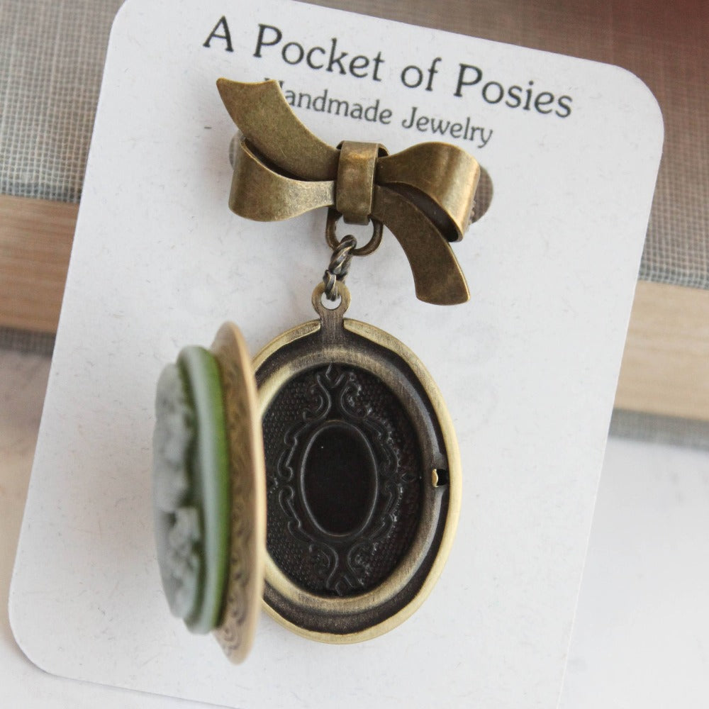 Green Lady Cameo Locket Brooch