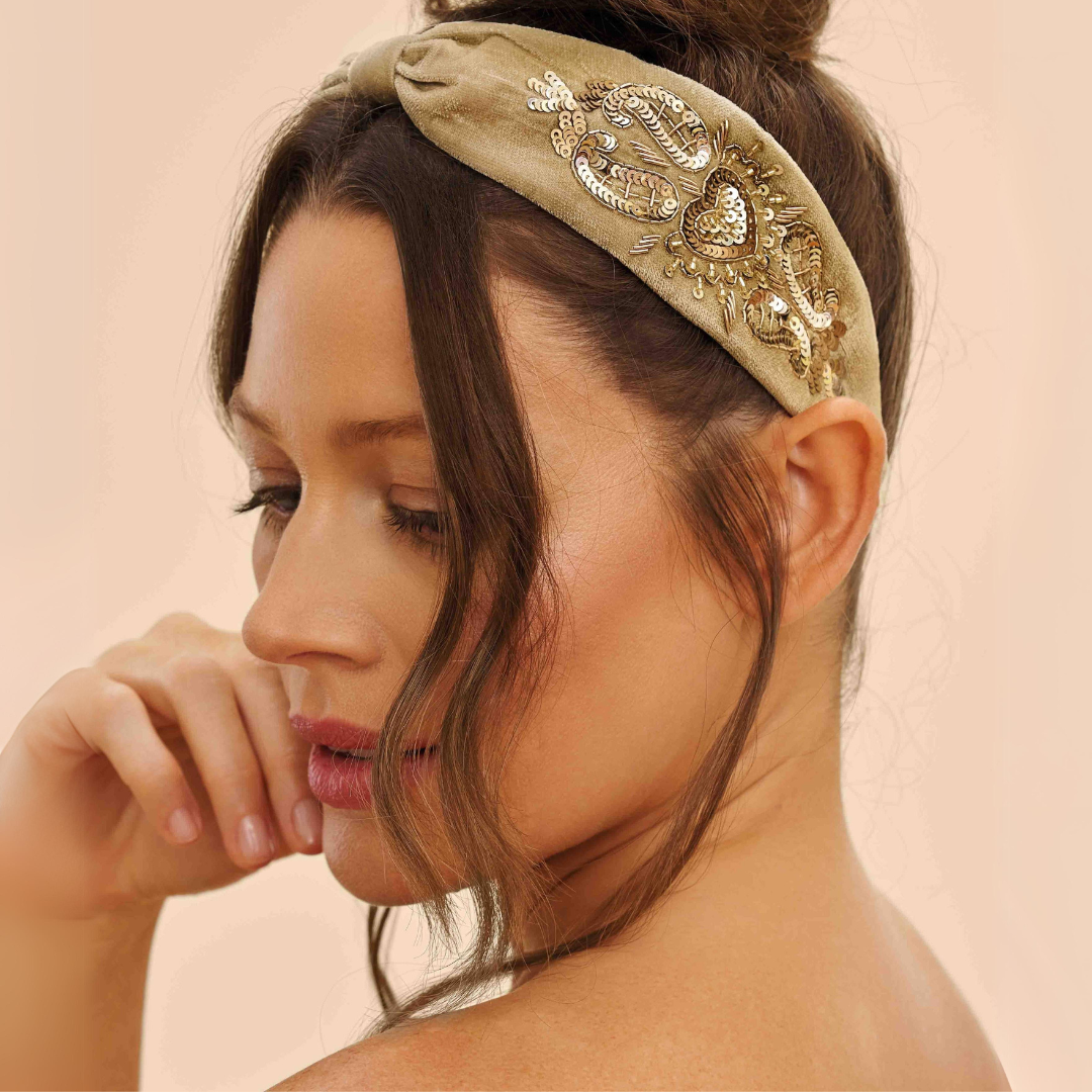 Sage Heart Velvet Embellished Headband