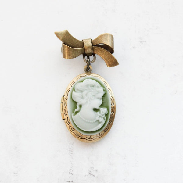 Green Lady Cameo Locket Brooch